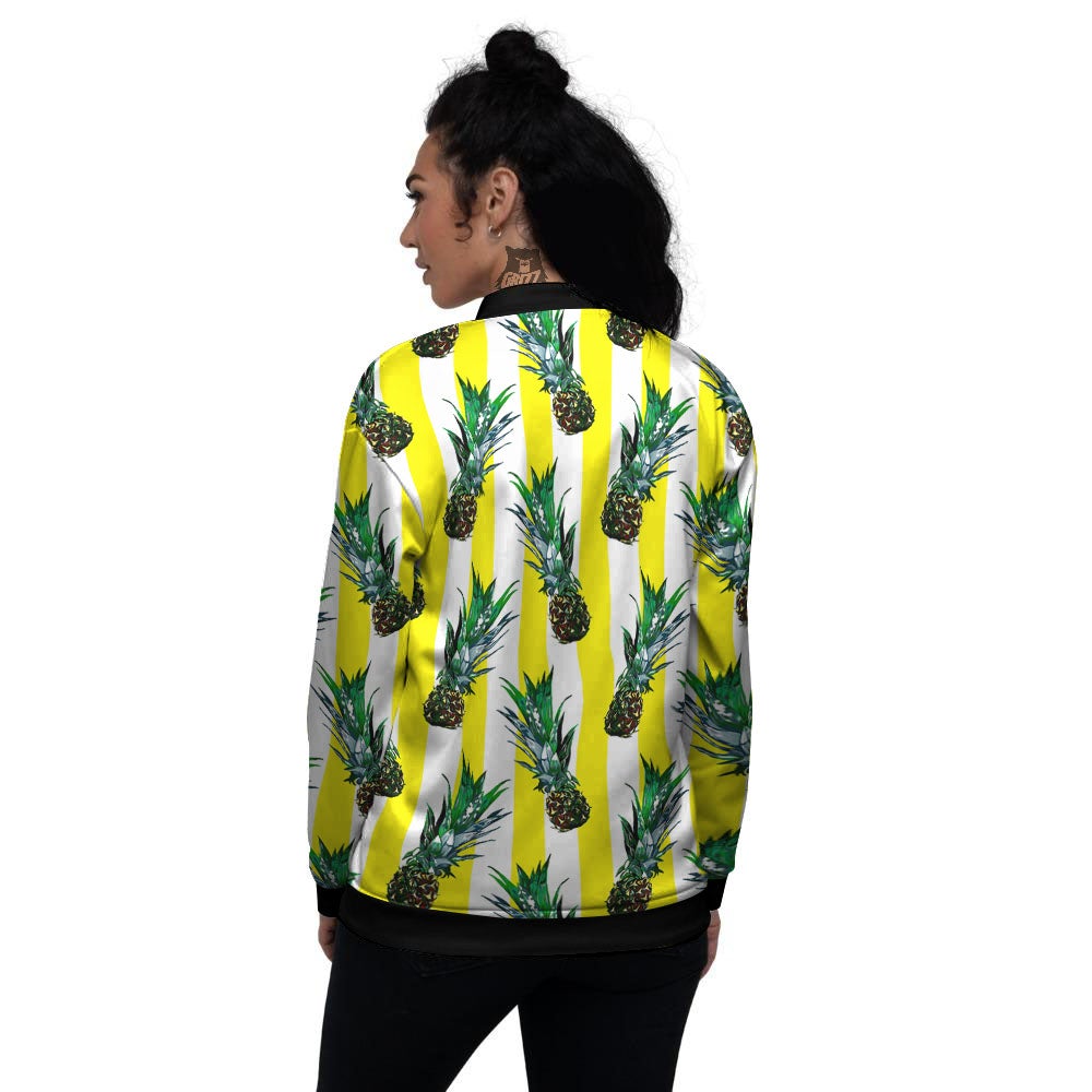 Pineapple Striped Yellow Print Pattern Women's Bomber Jacket-grizzshop