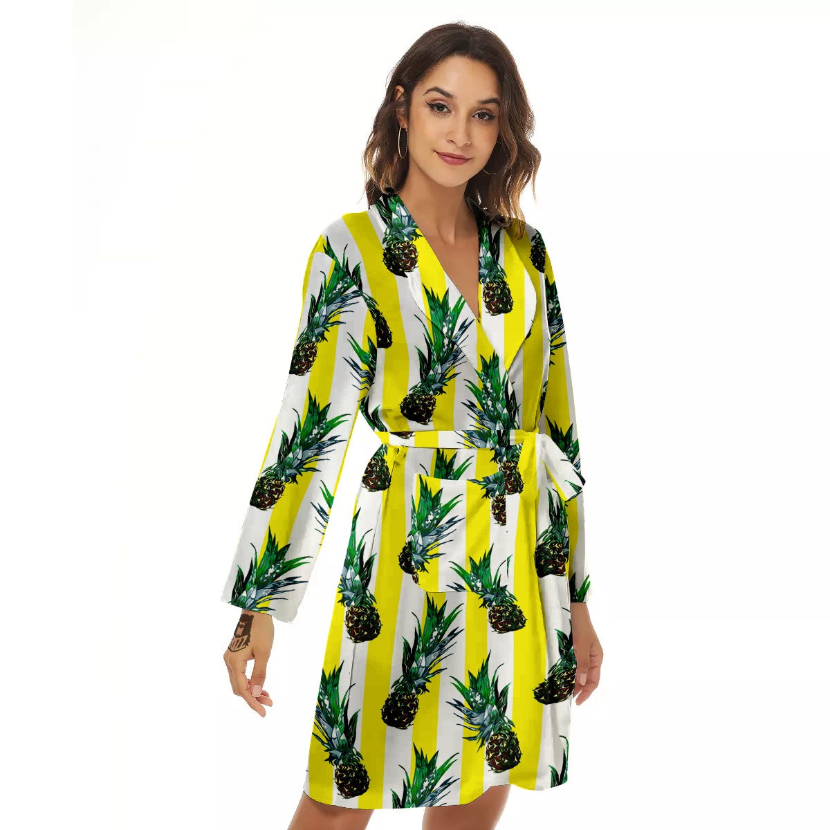 Pineapple Striped Yellow Print Pattern Women's Robe-grizzshop