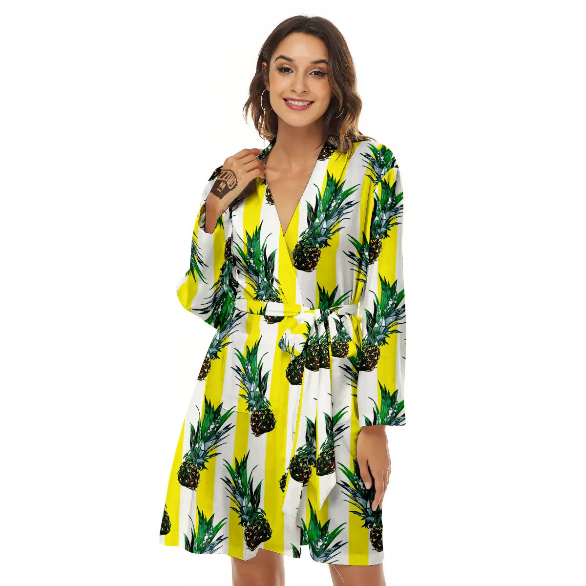 Pineapple Striped Yellow Print Pattern Women's Robe-grizzshop