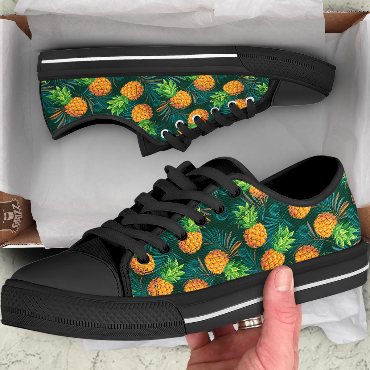 Pineapple Summer Print Pattern Black Low Top Shoes-grizzshop