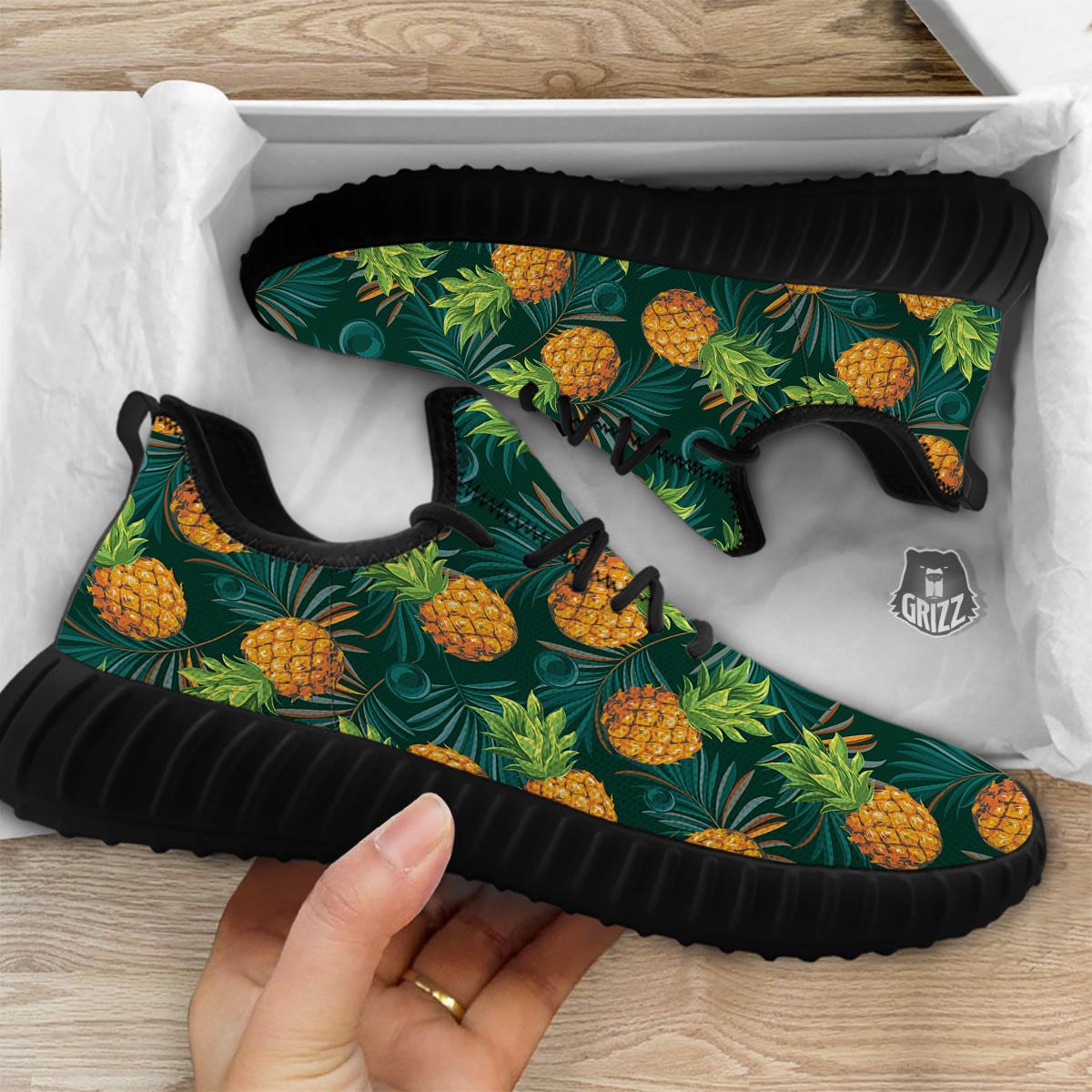 Pineapple Summer Print Pattern Black Walking Shoes-grizzshop