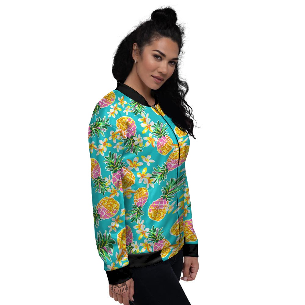 Pineapple Tropical Teal Print Pattern Women's Bomber Jacket-grizzshop