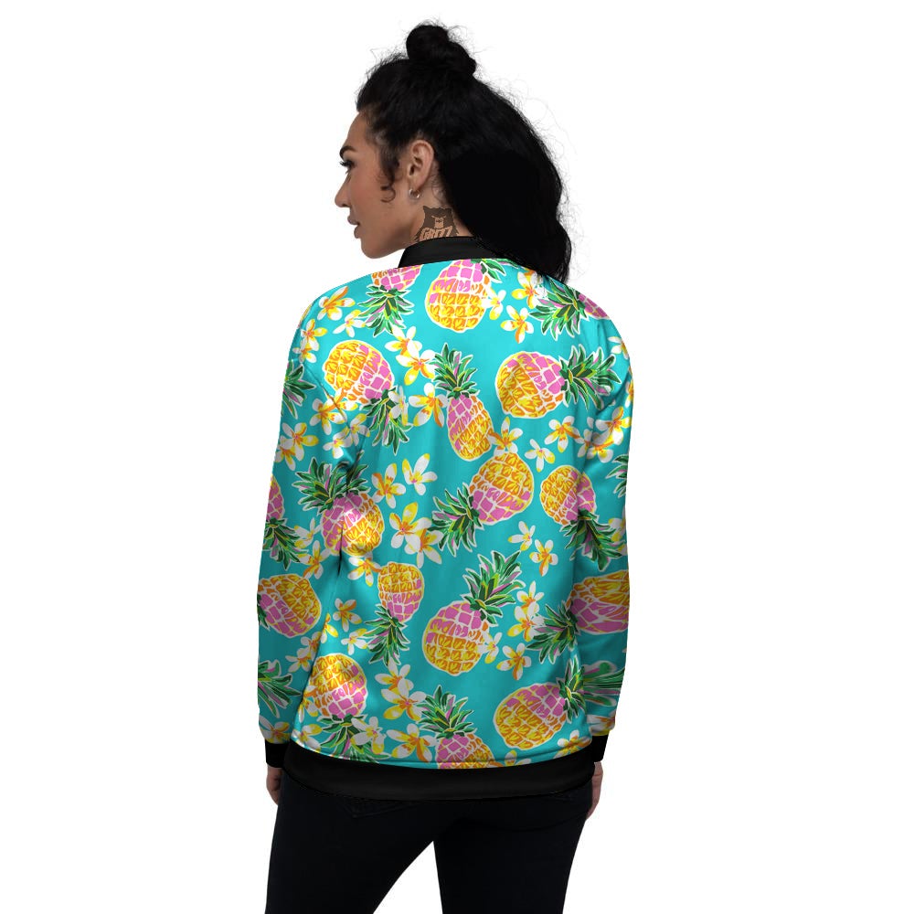 Pineapple Tropical Teal Print Pattern Women's Bomber Jacket-grizzshop