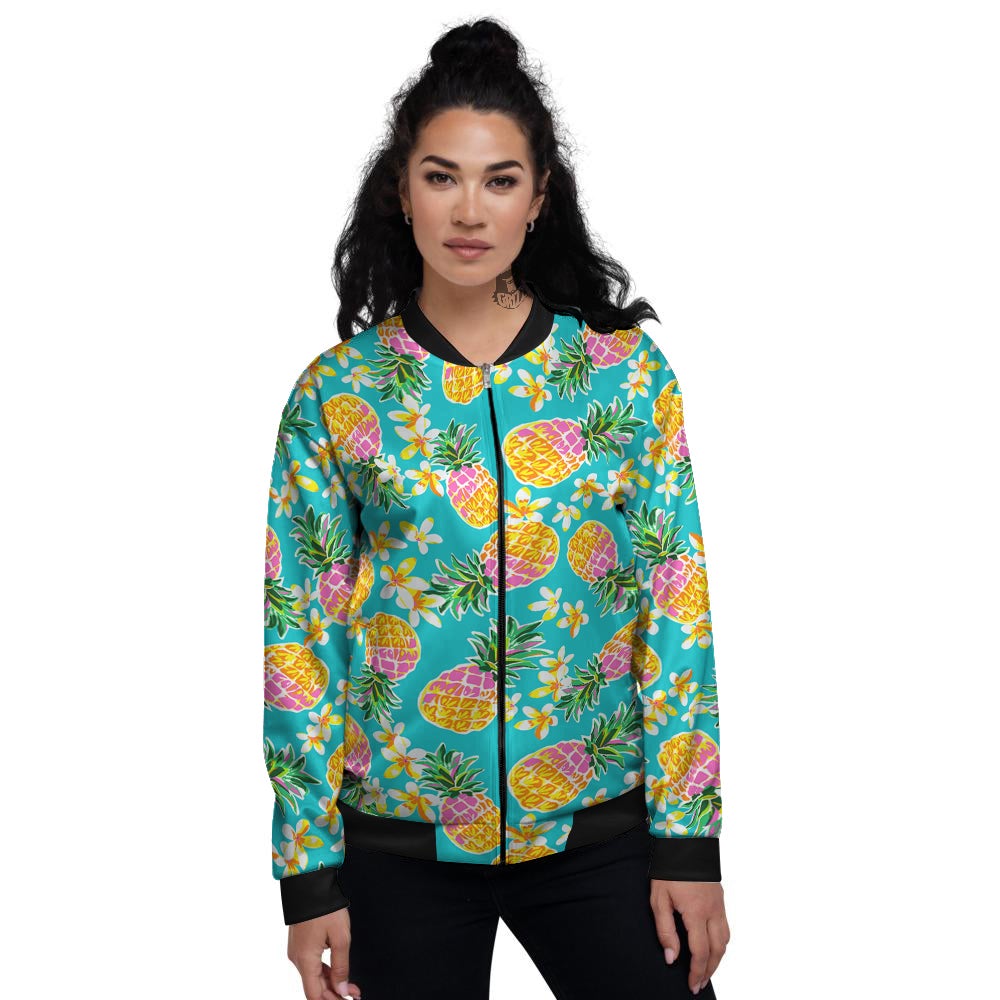 Pineapple Tropical Teal Print Pattern Women's Bomber Jacket-grizzshop