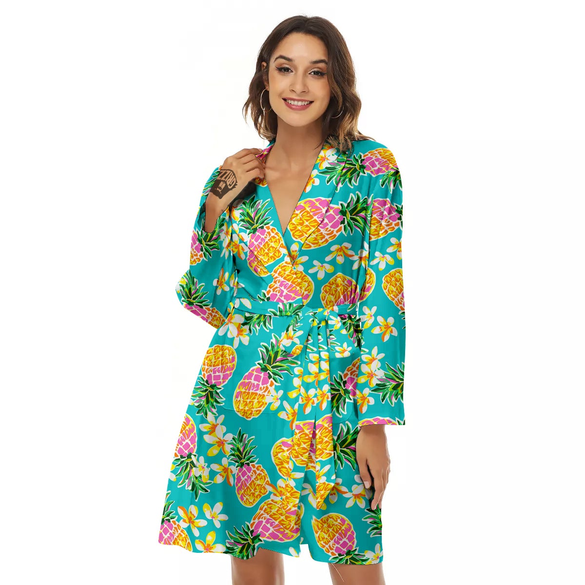 Pineapple Tropical Teal Print Pattern Women's Robe-grizzshop
