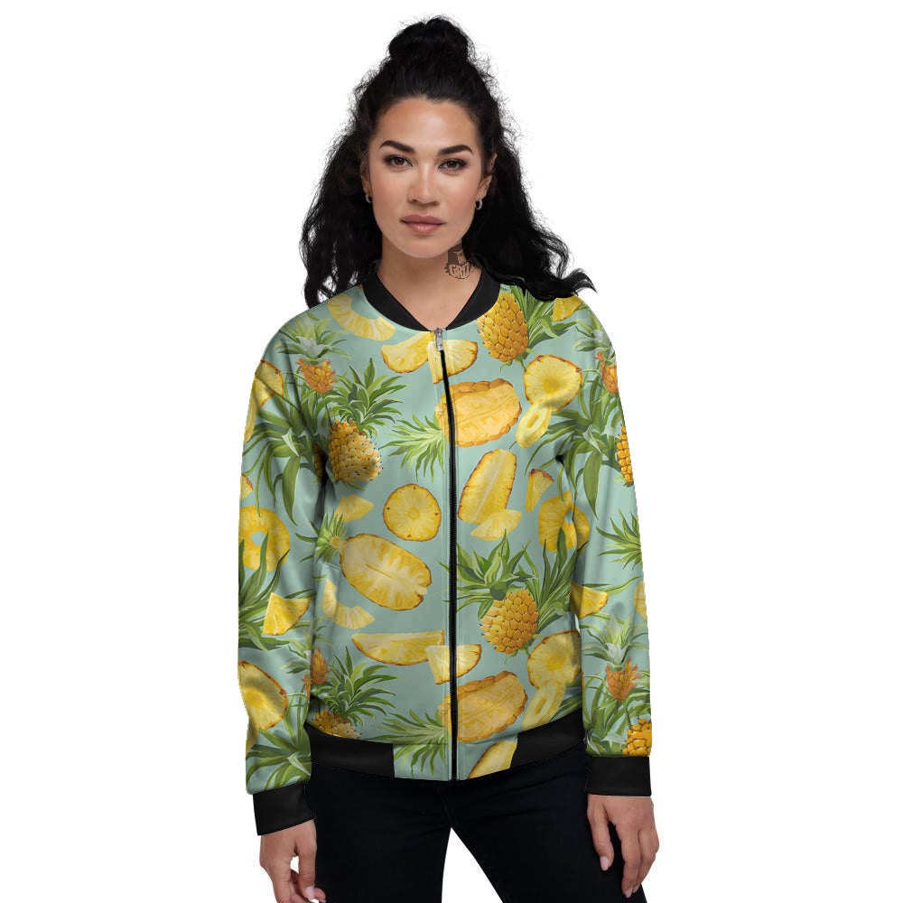Pineapple Watercolor Print Pattern Women's Bomber Jacket-grizzshop