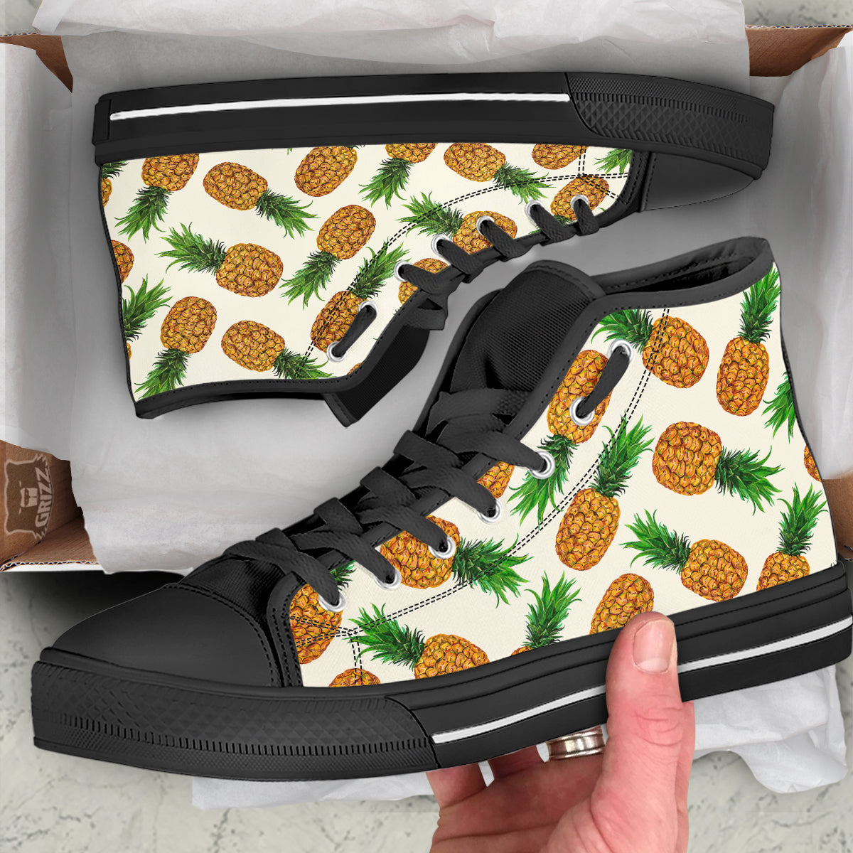 Pineapple White Print Pattern Black High Top Shoes-grizzshop