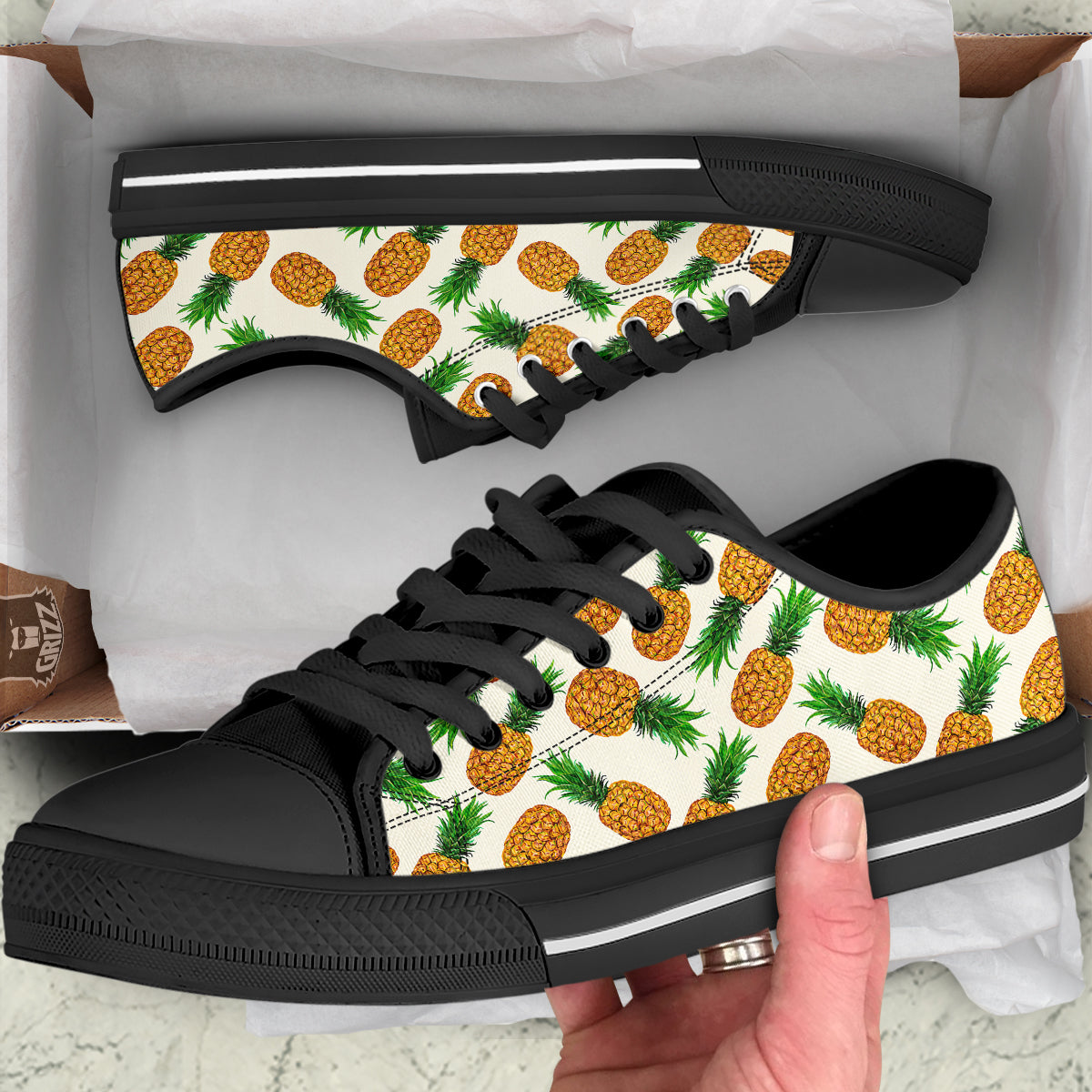 Pineapple White Print Pattern Black Low Top Shoes-grizzshop