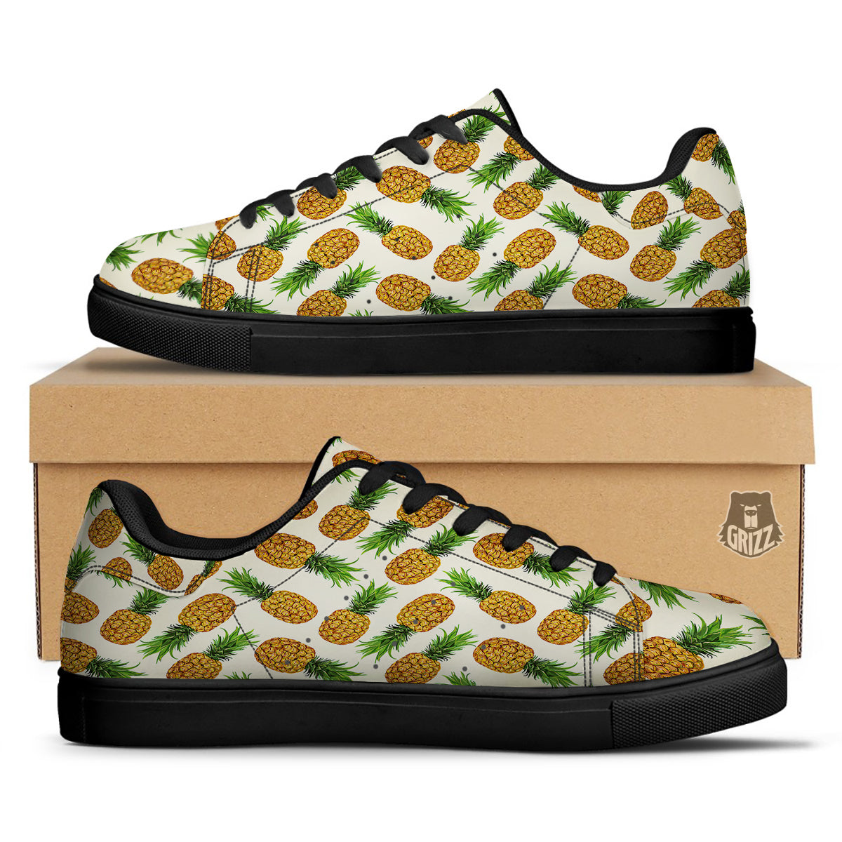 Pineapple White Print Pattern Black Low Top Sneakers-grizzshop