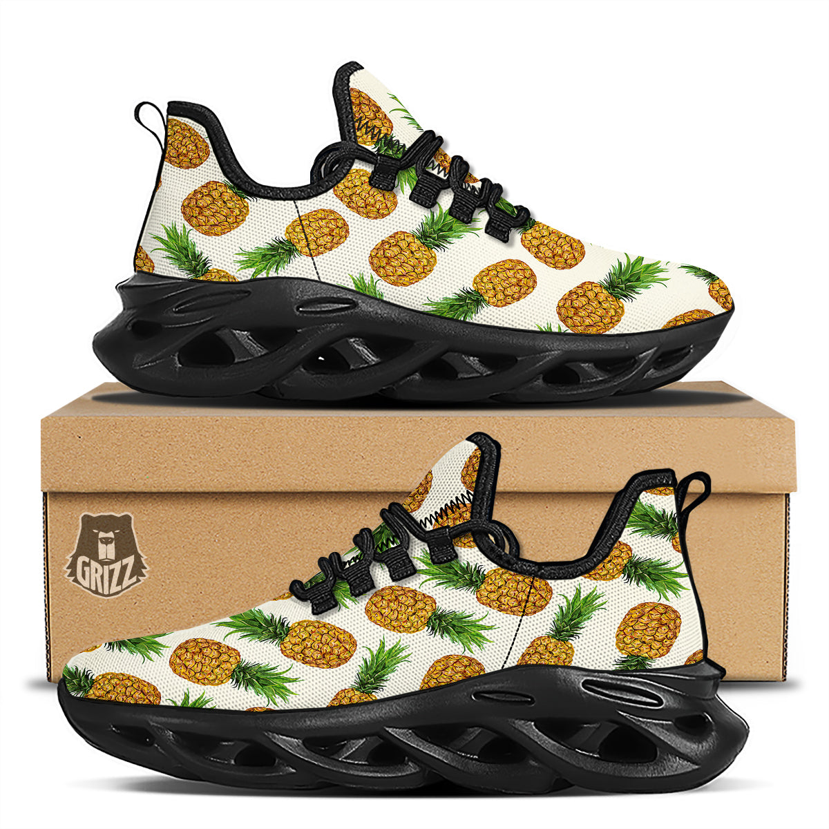 Pineapple White Print Pattern Black Running Shoes-grizzshop