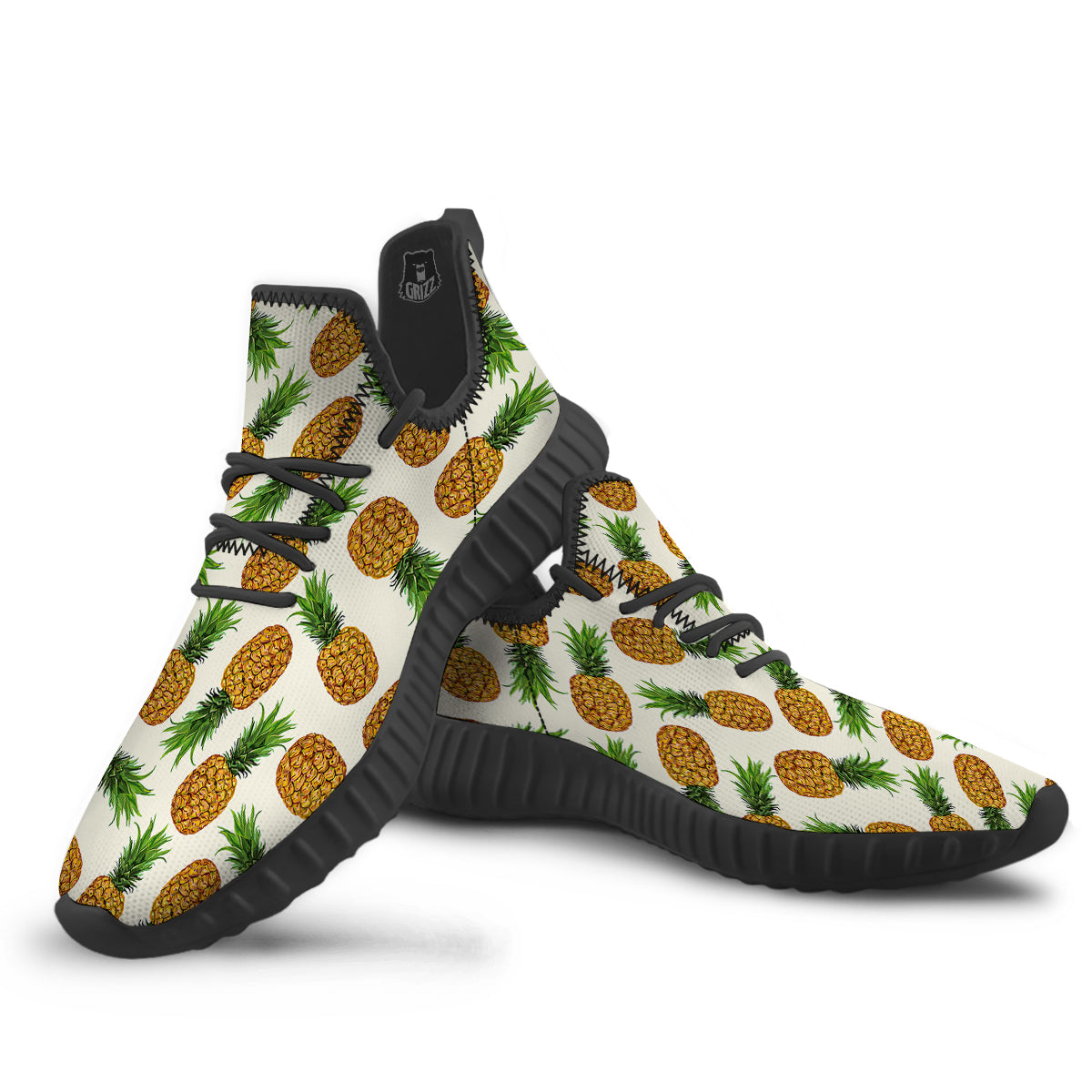 Pineapple White Print Pattern Black Walking Shoes-grizzshop