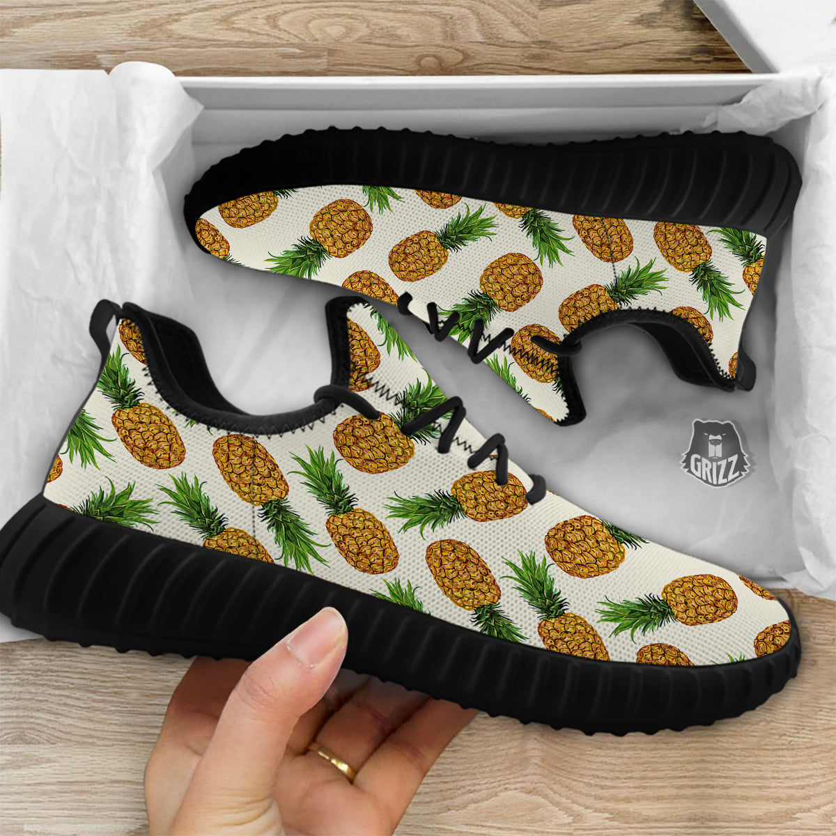 Pineapple White Print Pattern Black Walking Shoes-grizzshop