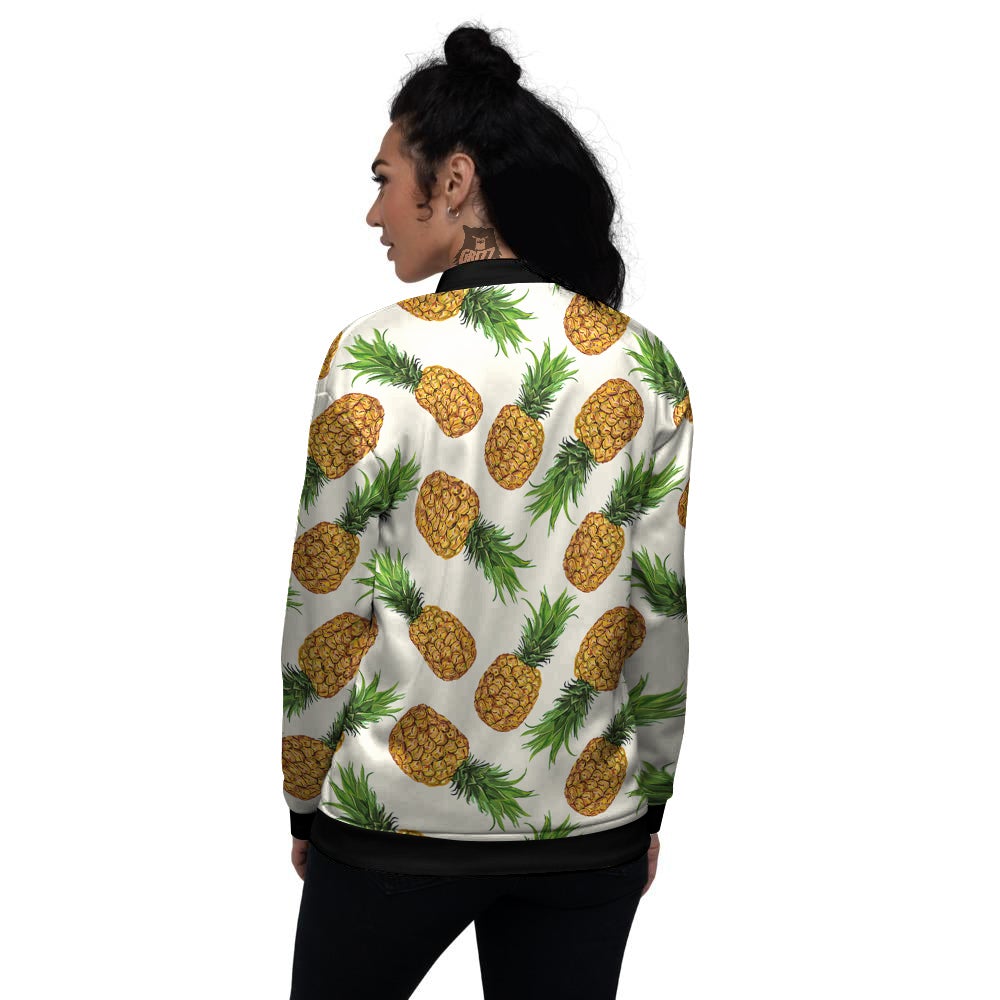 Pineapple White Print Pattern Women's Bomber Jacket-grizzshop