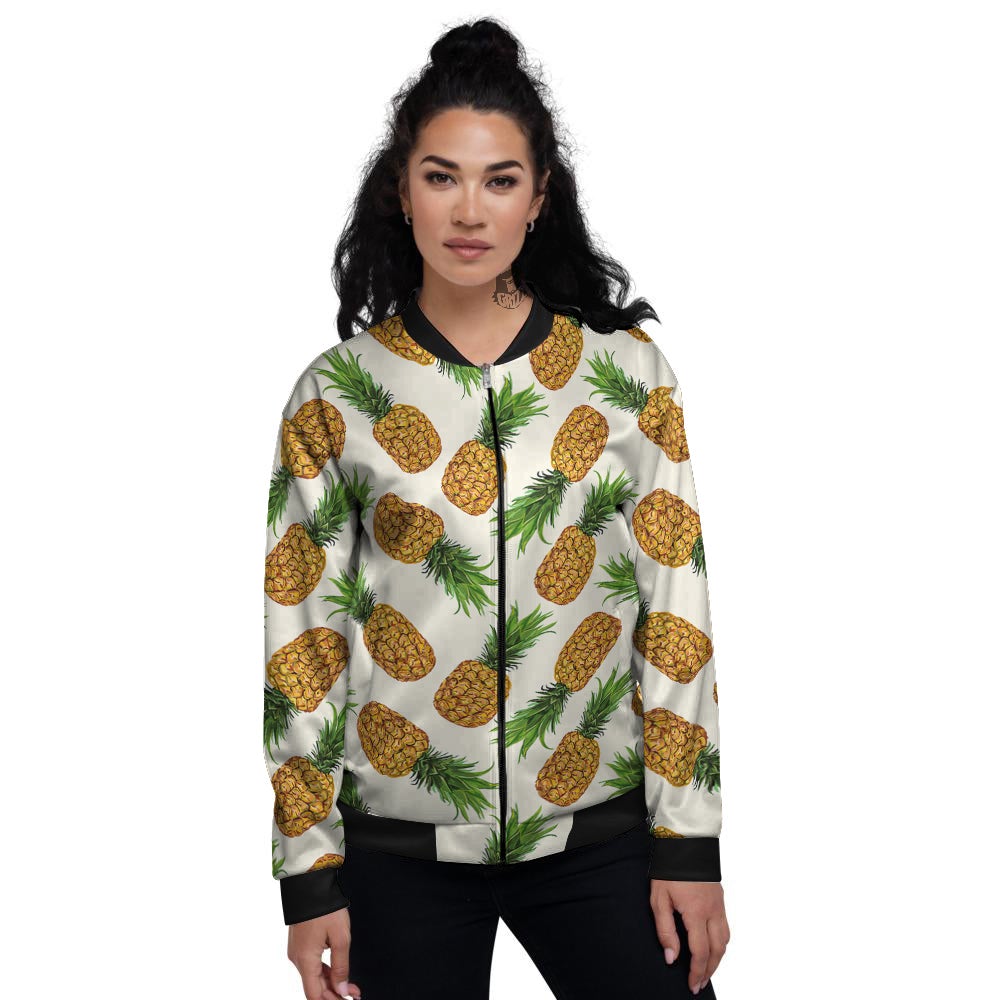 Pineapple White Print Pattern Women's Bomber Jacket-grizzshop