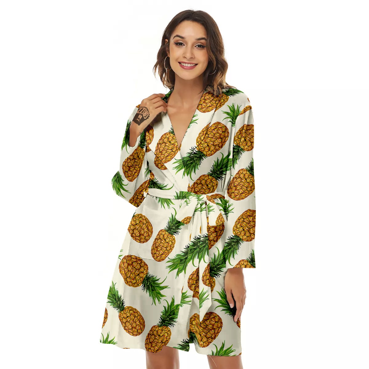Pineapple White Print Pattern Women's Robe-grizzshop