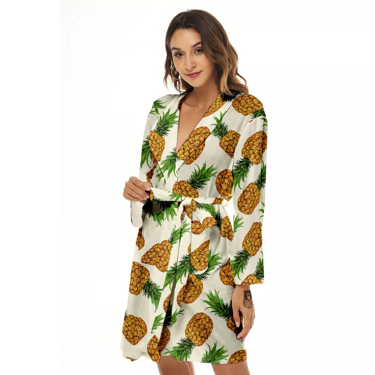 Pineapple White Print Pattern Women's Robe-grizzshop