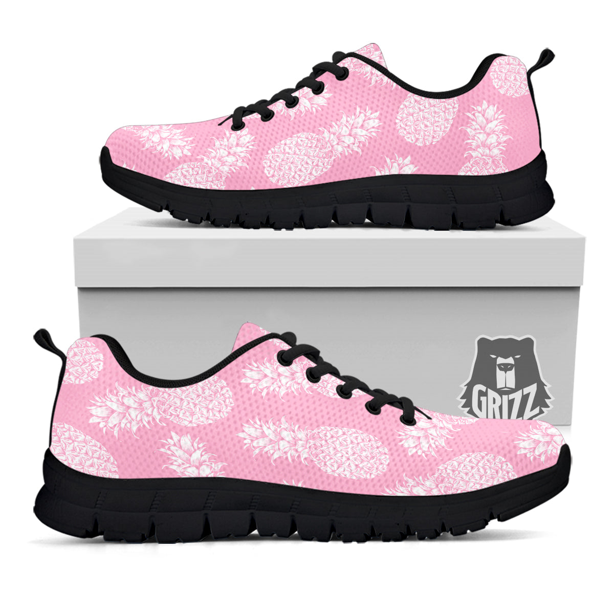 Pineapple White Summer Pink Print Pattern Black Sneaker-grizzshop