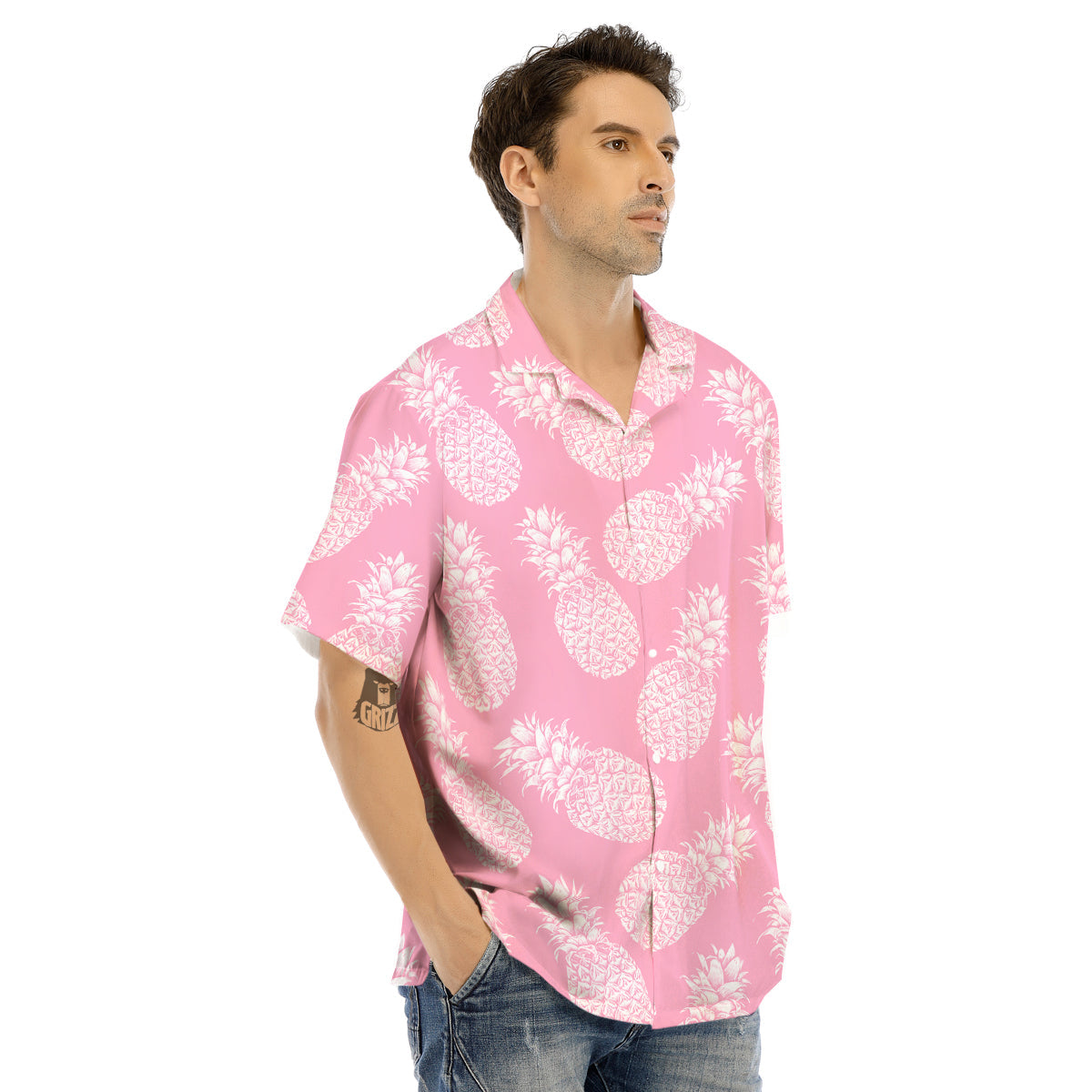 Pineapple White Summer Pink Print Pattern Men's Hawaiian Shirt-grizzshop