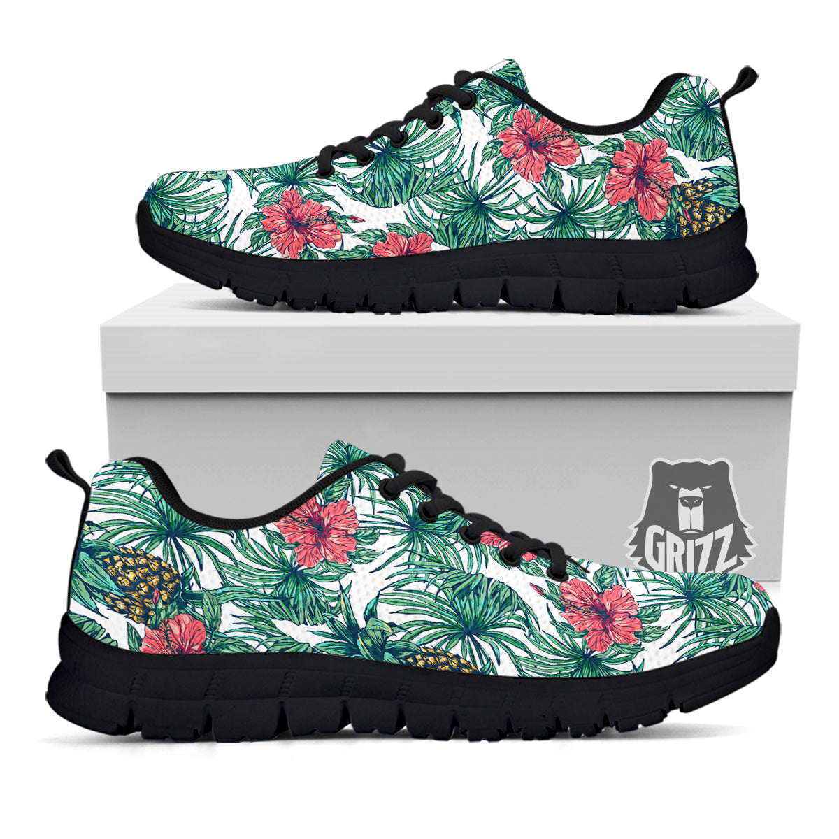 Pineapple White Tropical Print Pattern Black Sneaker-grizzshop