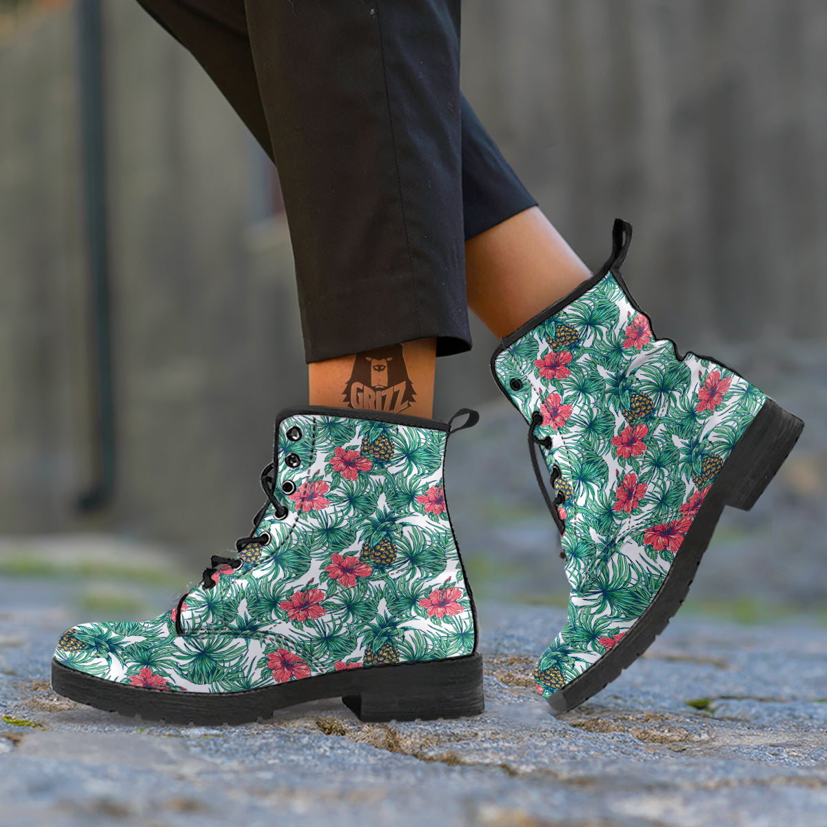 Pineapple White Tropical Print Pattern Leather Boots-grizzshop