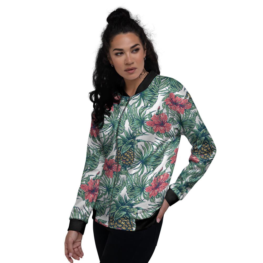 Pineapple White Tropical Print Pattern Women's Bomber Jacket-grizzshop