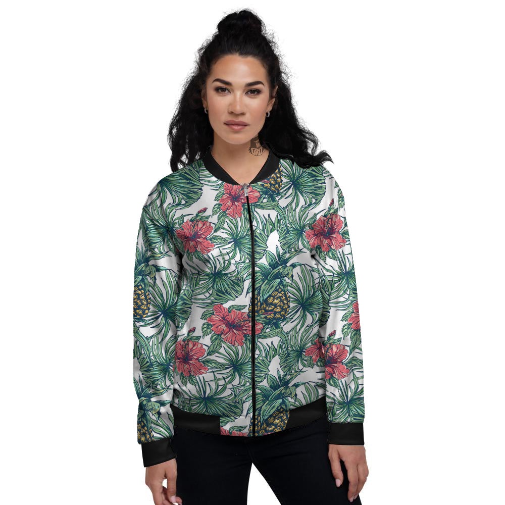 Pineapple White Tropical Print Pattern Women's Bomber Jacket-grizzshop