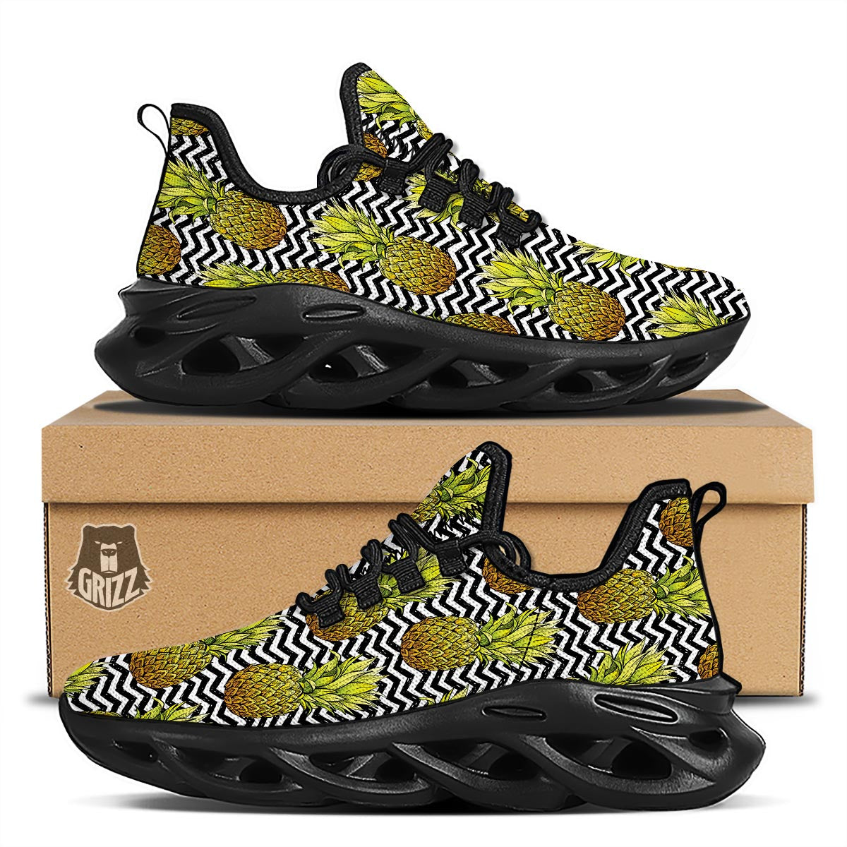 Pineapple White Zig Zag Print Pattern Black Running Shoes-grizzshop