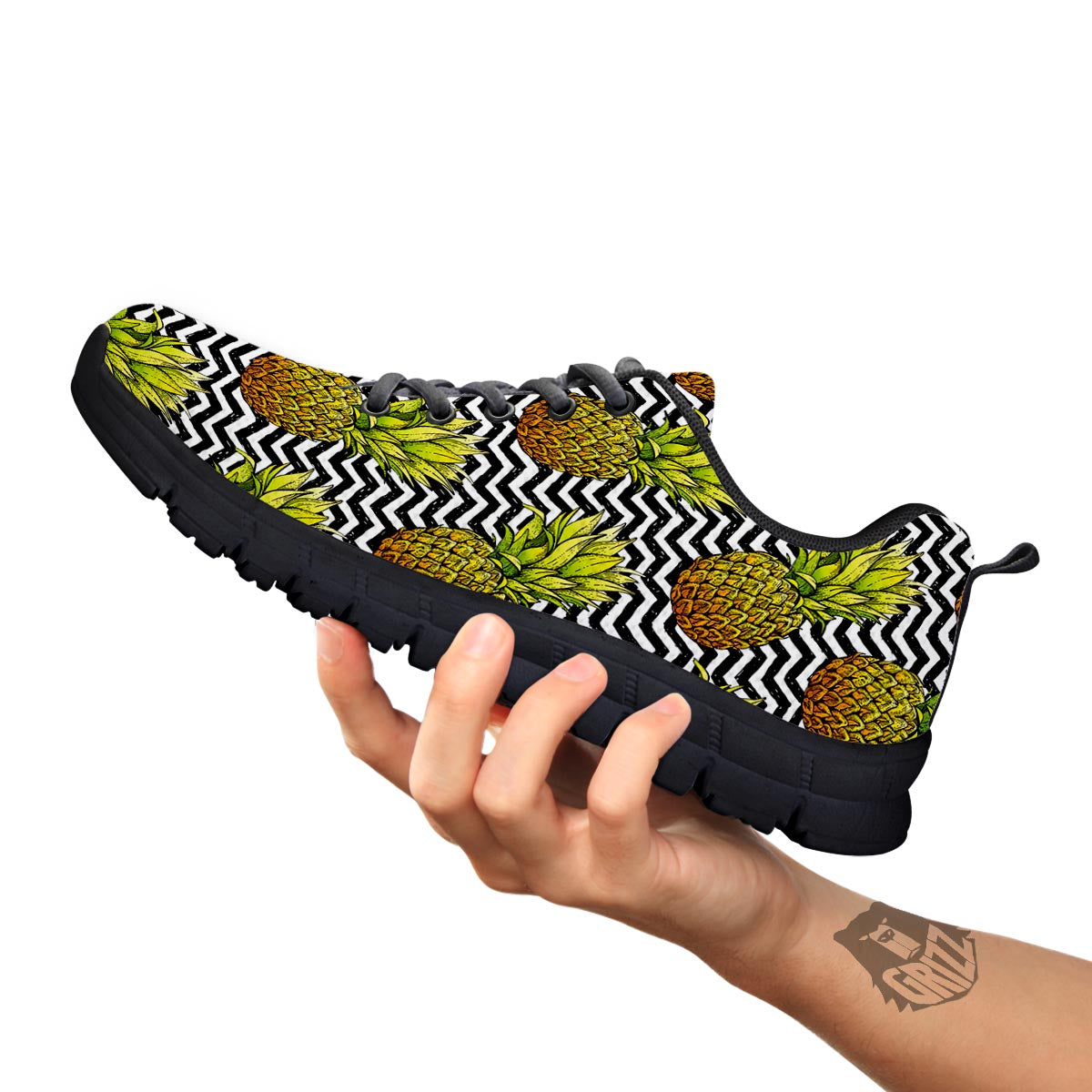 Pineapple White Zig Zag Print Pattern Black Sneaker-grizzshop