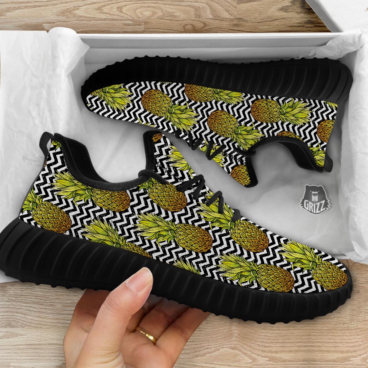 Pineapple White Zig Zag Print Pattern Black Walking Shoes-grizzshop