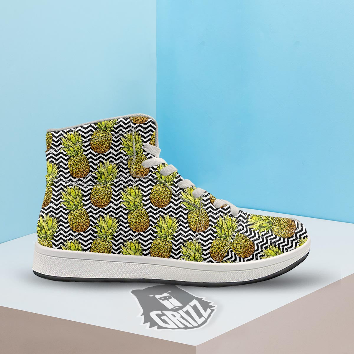 Pineapple White Zig Zag Print Pattern High Top Sneakers-grizzshop