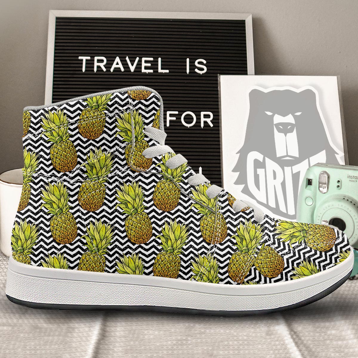 Pineapple White Zig Zag Print Pattern High Top Sneakers-grizzshop