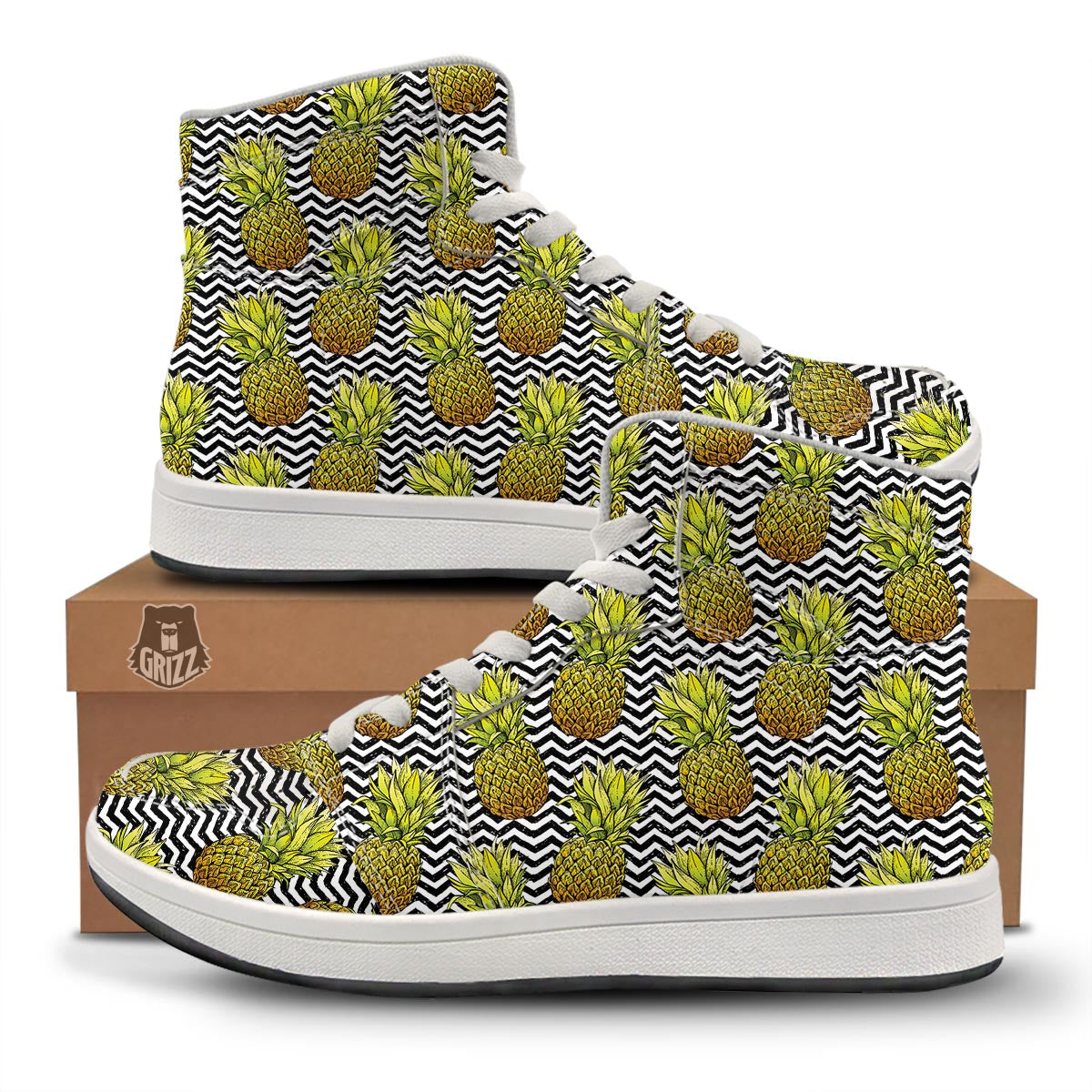 Pineapple White Zig Zag Print Pattern High Top Sneakers-grizzshop