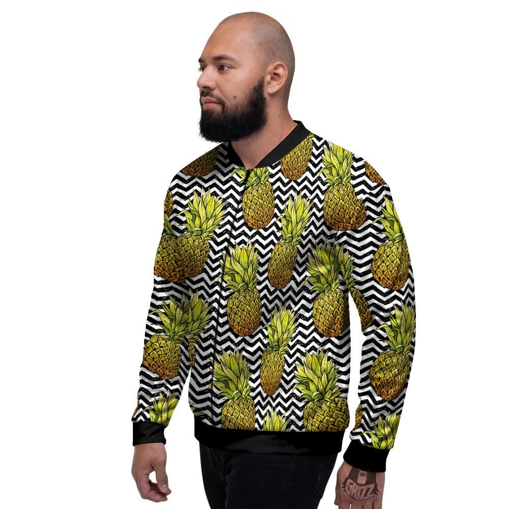 Pineapple White Zig Zag Print Pattern Men's Bomber Jacket-grizzshop