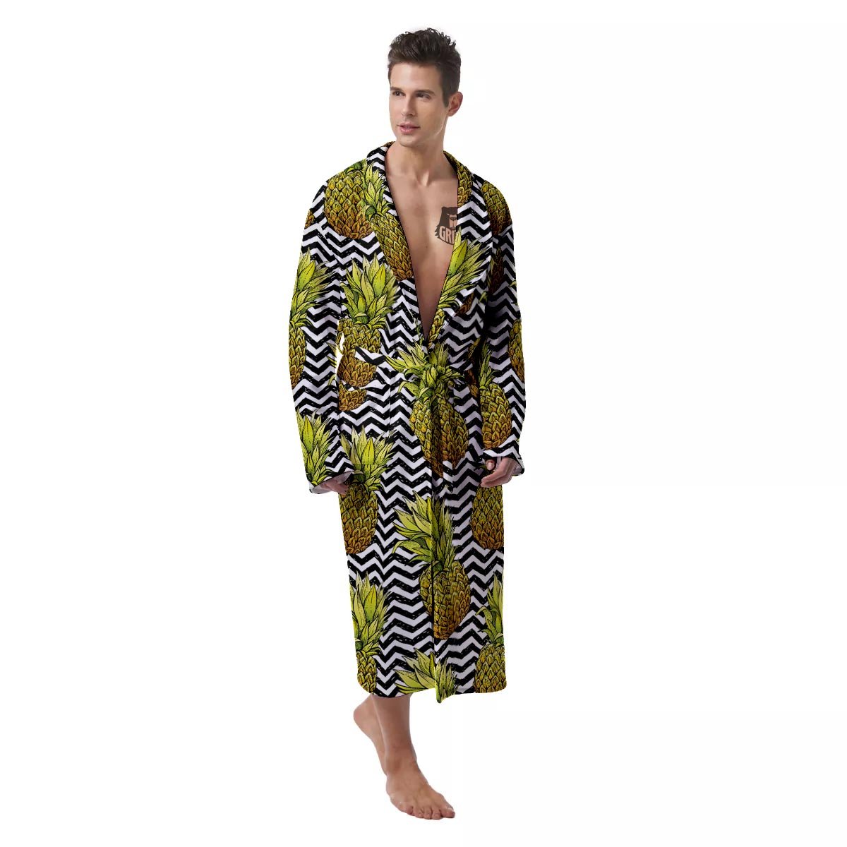 Pineapple White Zig Zag Print Pattern Men's Robe-grizzshop