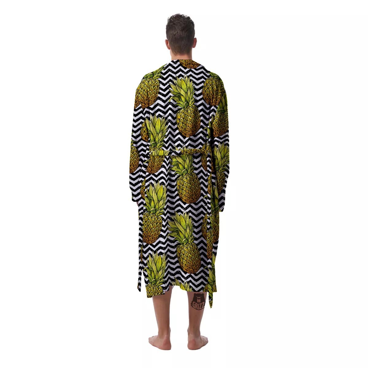 Pineapple White Zig Zag Print Pattern Men's Robe-grizzshop