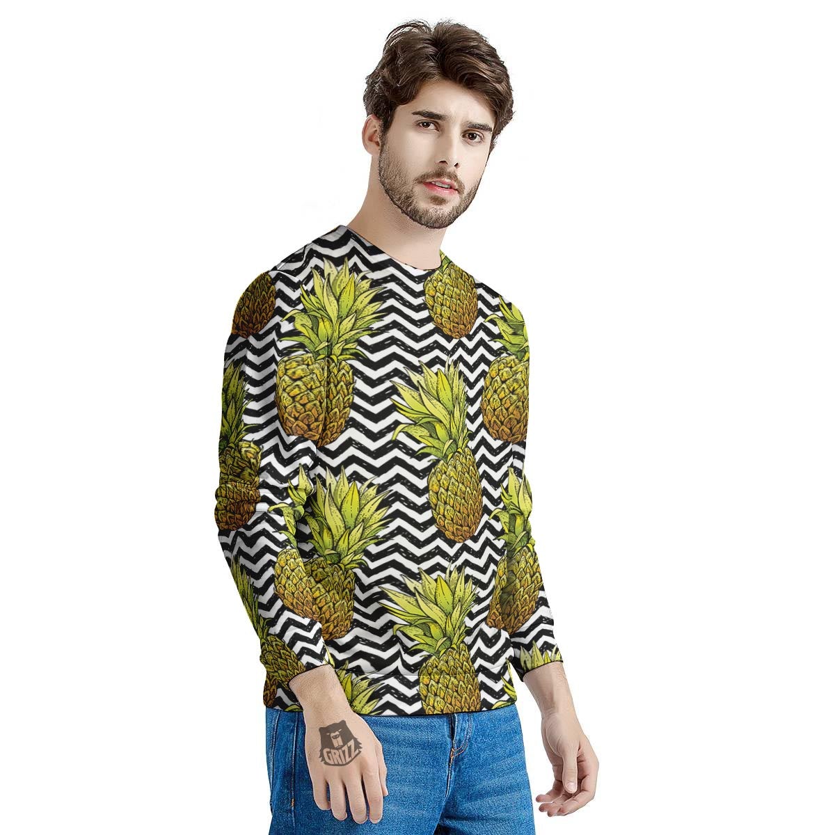 Pineapple White Zig Zag Print Pattern Men's Sweatshirt-grizzshop