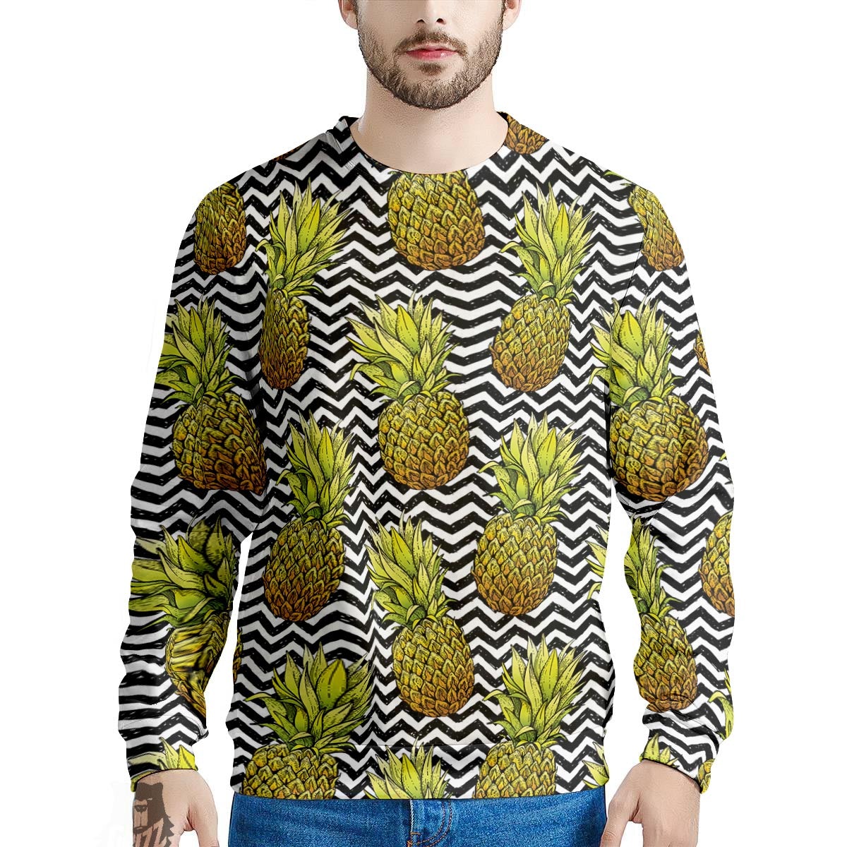 Pineapple White Zig Zag Print Pattern Men's Sweatshirt-grizzshop