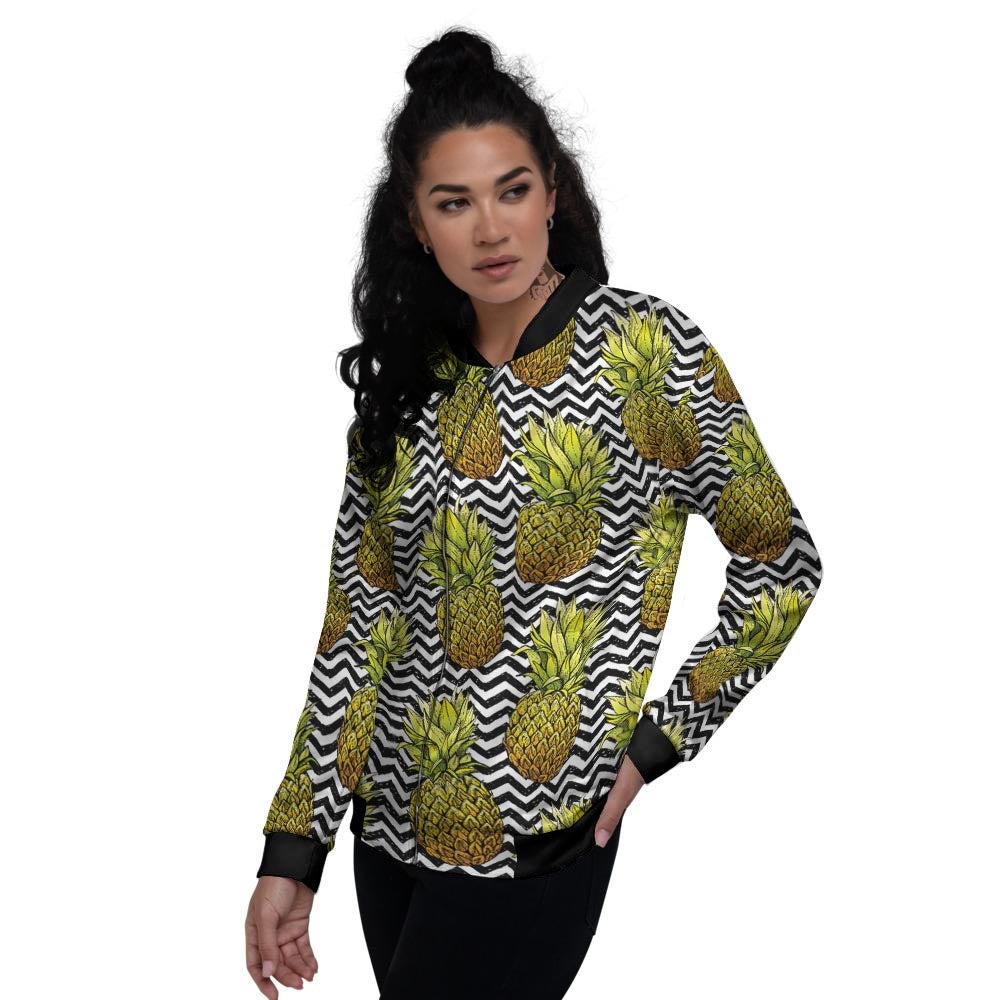 Pineapple White Zig Zag Print Pattern Women's Bomber Jacket-grizzshop