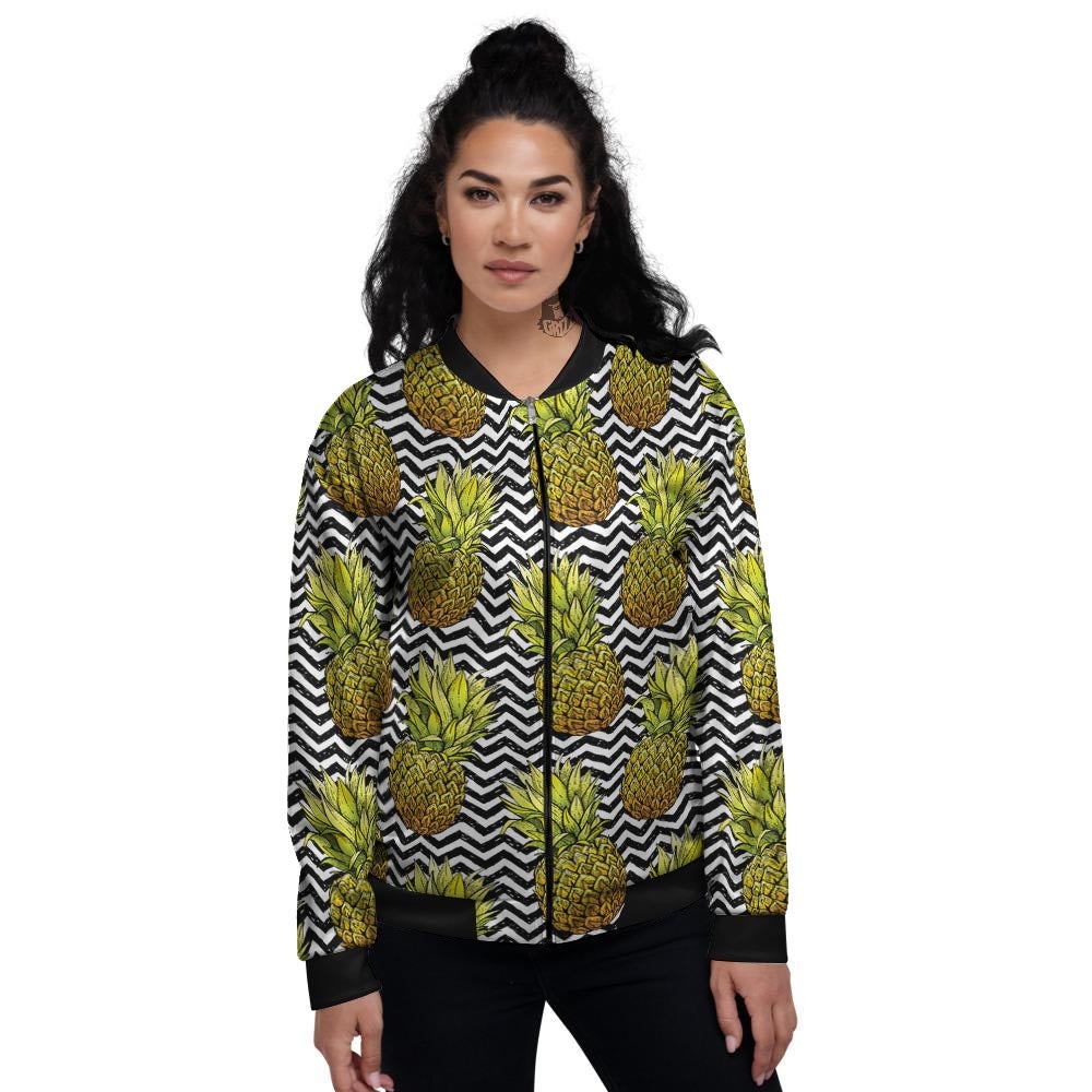 Pineapple White Zig Zag Print Pattern Women's Bomber Jacket-grizzshop