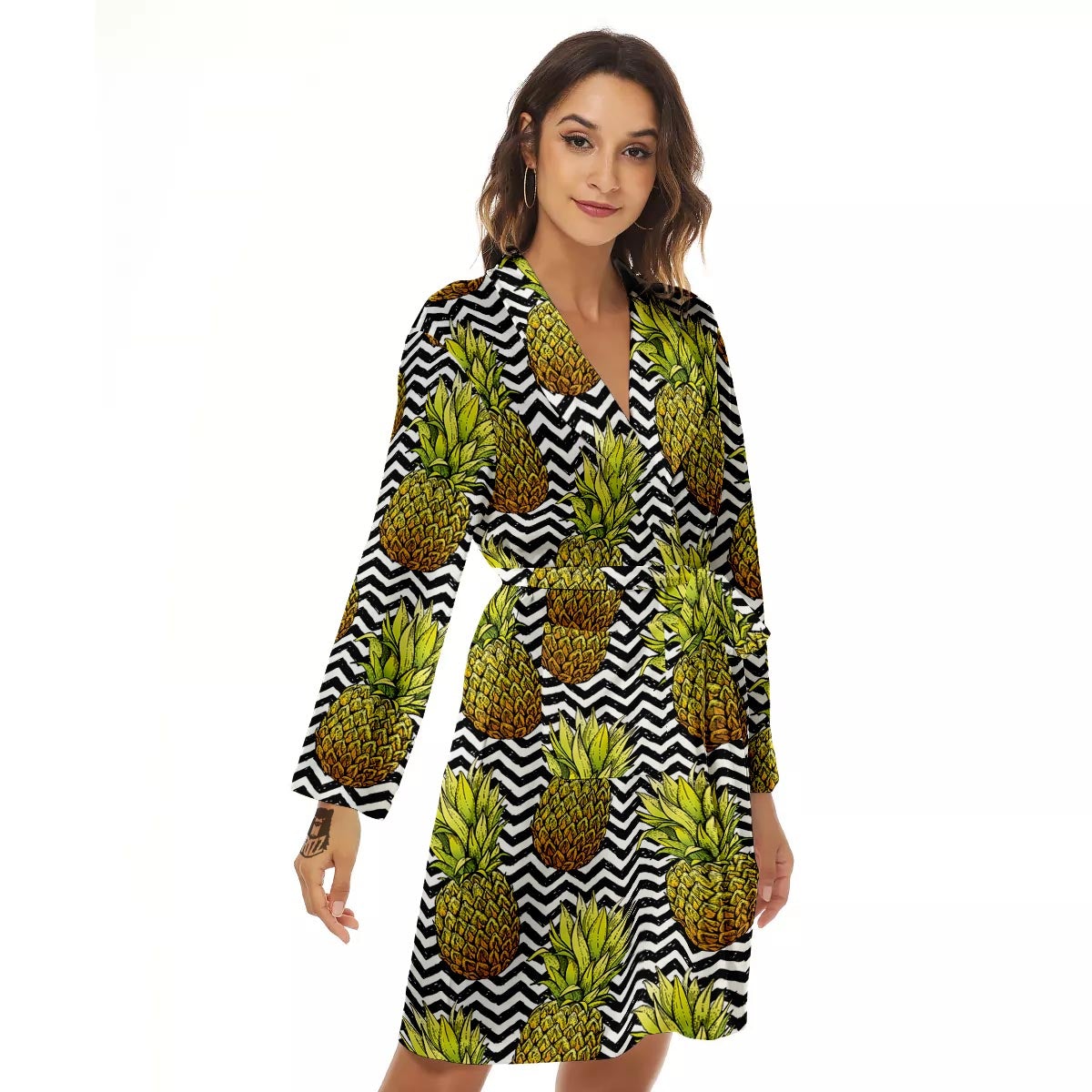 Pineapple White Zig Zag Print Pattern Women's Robe-grizzshop