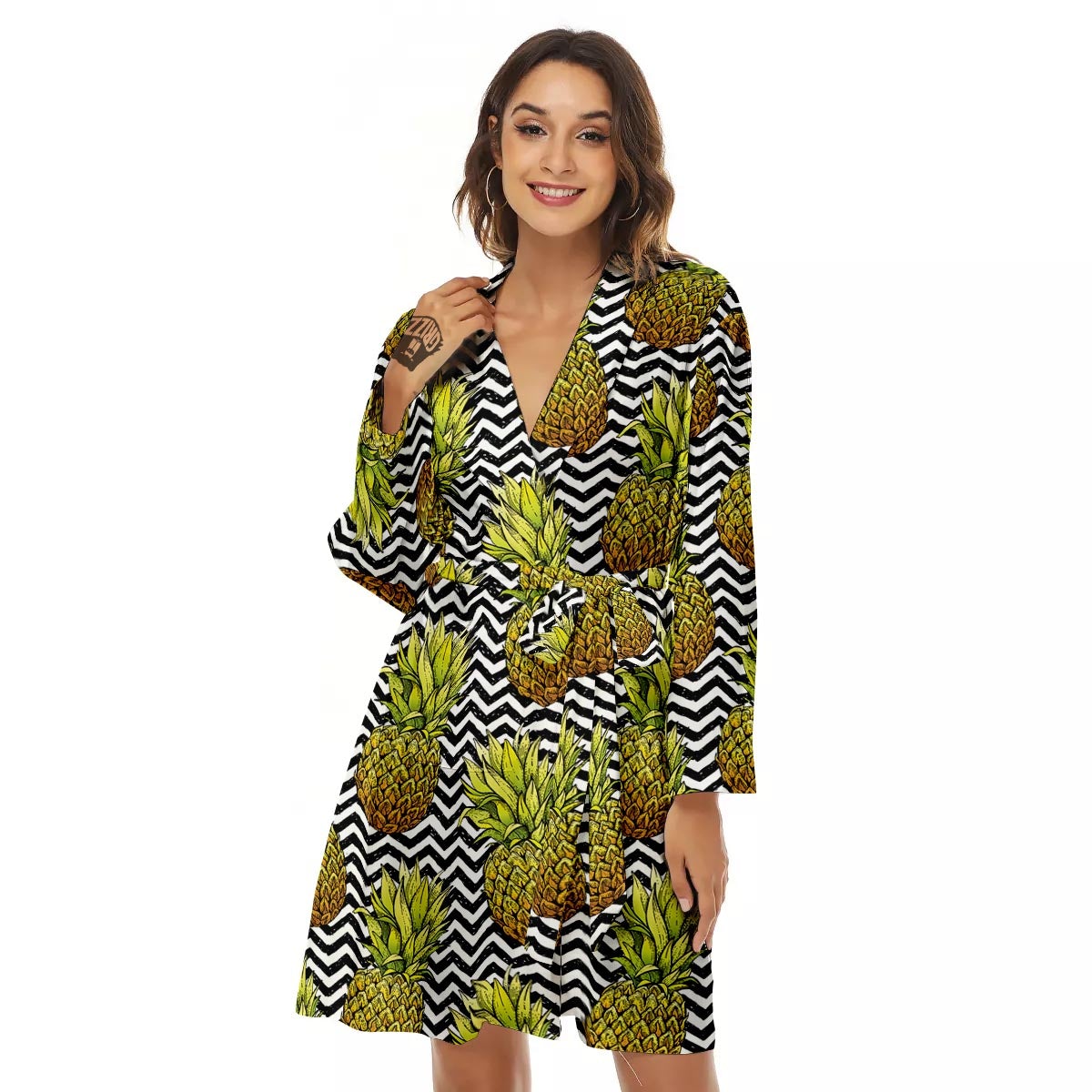 Pineapple White Zig Zag Print Pattern Women's Robe-grizzshop