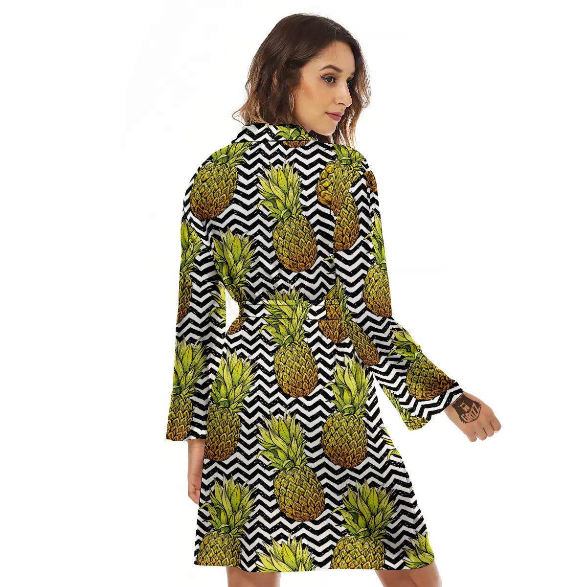 Pineapple White Zig Zag Print Pattern Women's Robe-grizzshop
