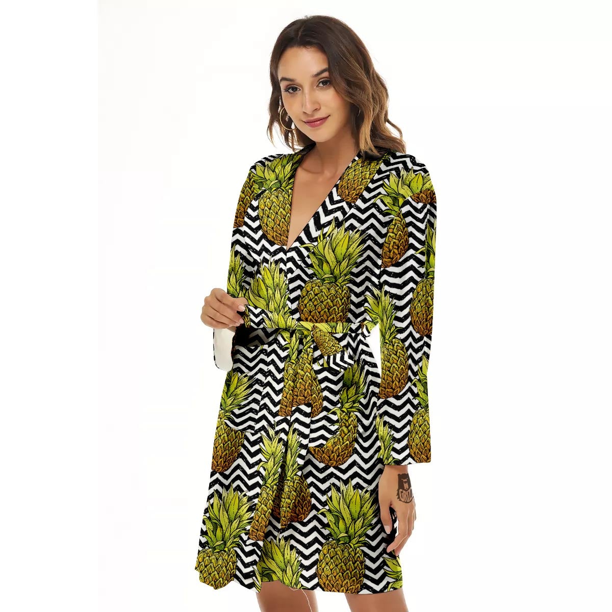 Pineapple White Zig Zag Print Pattern Women's Robe-grizzshop