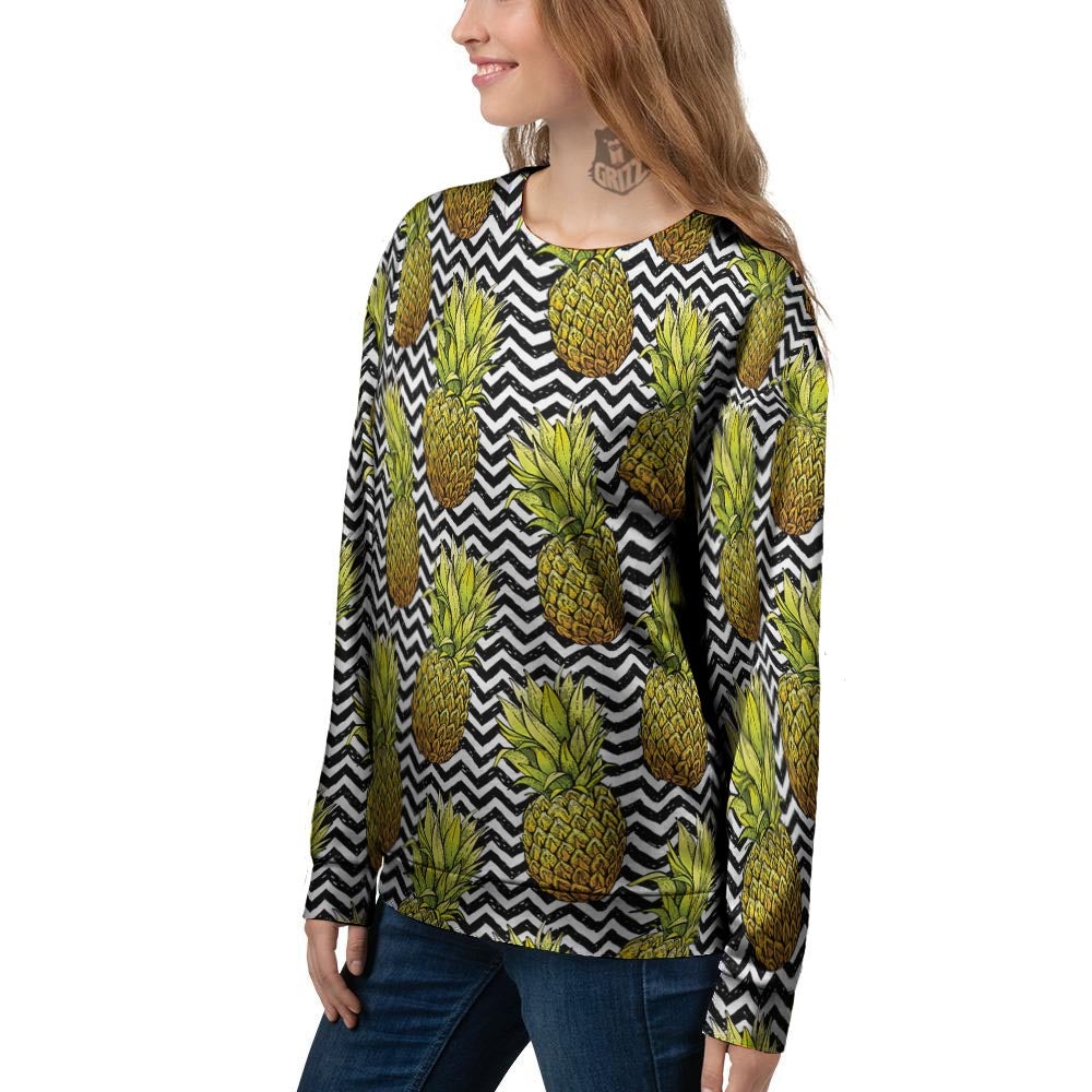 Pineapple White Zig Zag Print Pattern Women's Sweatshirt-grizzshop