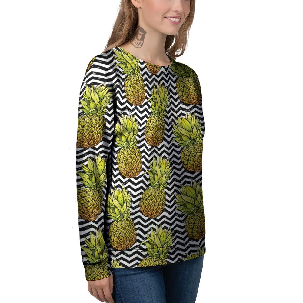 Pineapple White Zig Zag Print Pattern Women's Sweatshirt-grizzshop