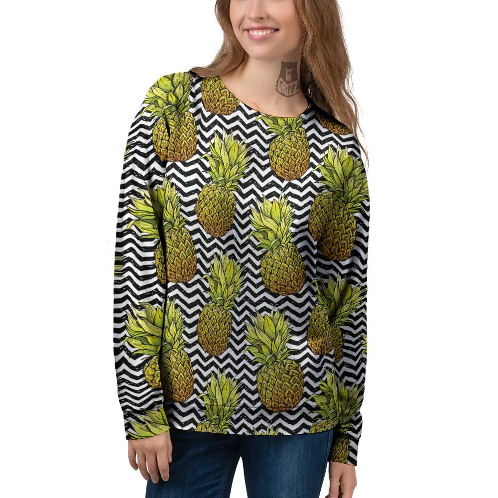 Pineapple White Zig Zag Print Pattern Women's Sweatshirt-grizzshop