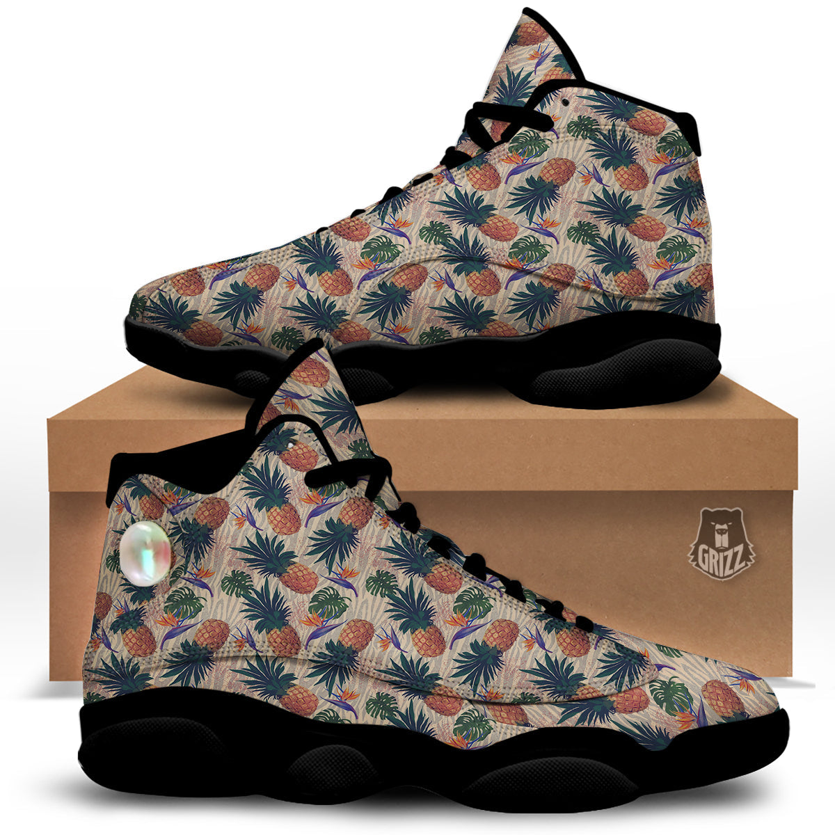 Pineapple Zebra Beige Print Pattern Black Basketball Shoes-grizzshop