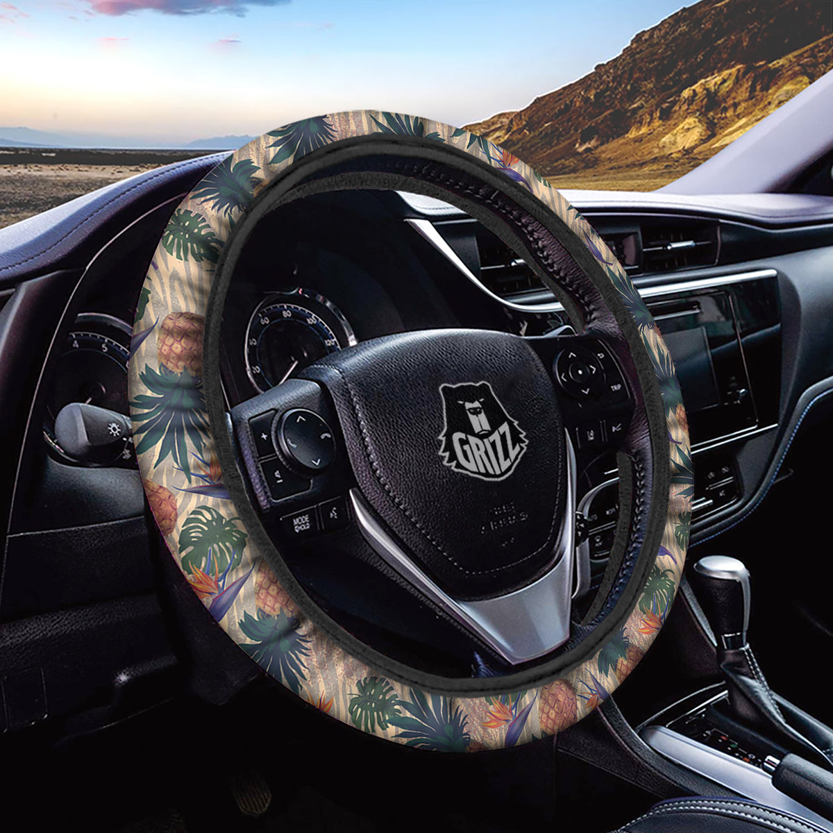 Pineapple Zebra Beige Print Pattern Car Steering Wheel Cover-grizzshop
