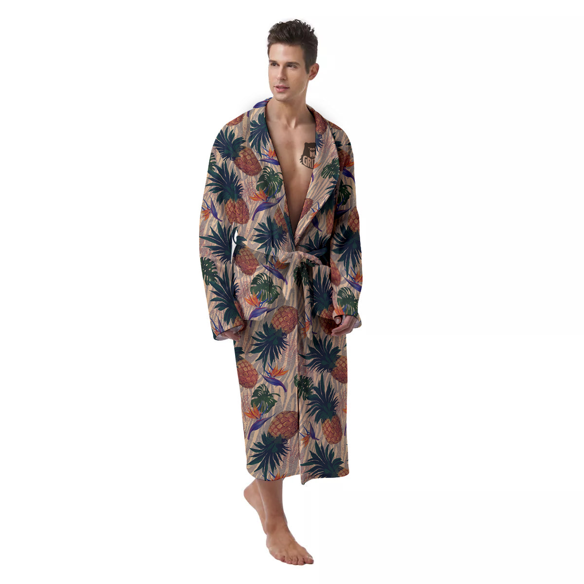 Pineapple Zebra Beige Print Pattern Men's Robe-grizzshop