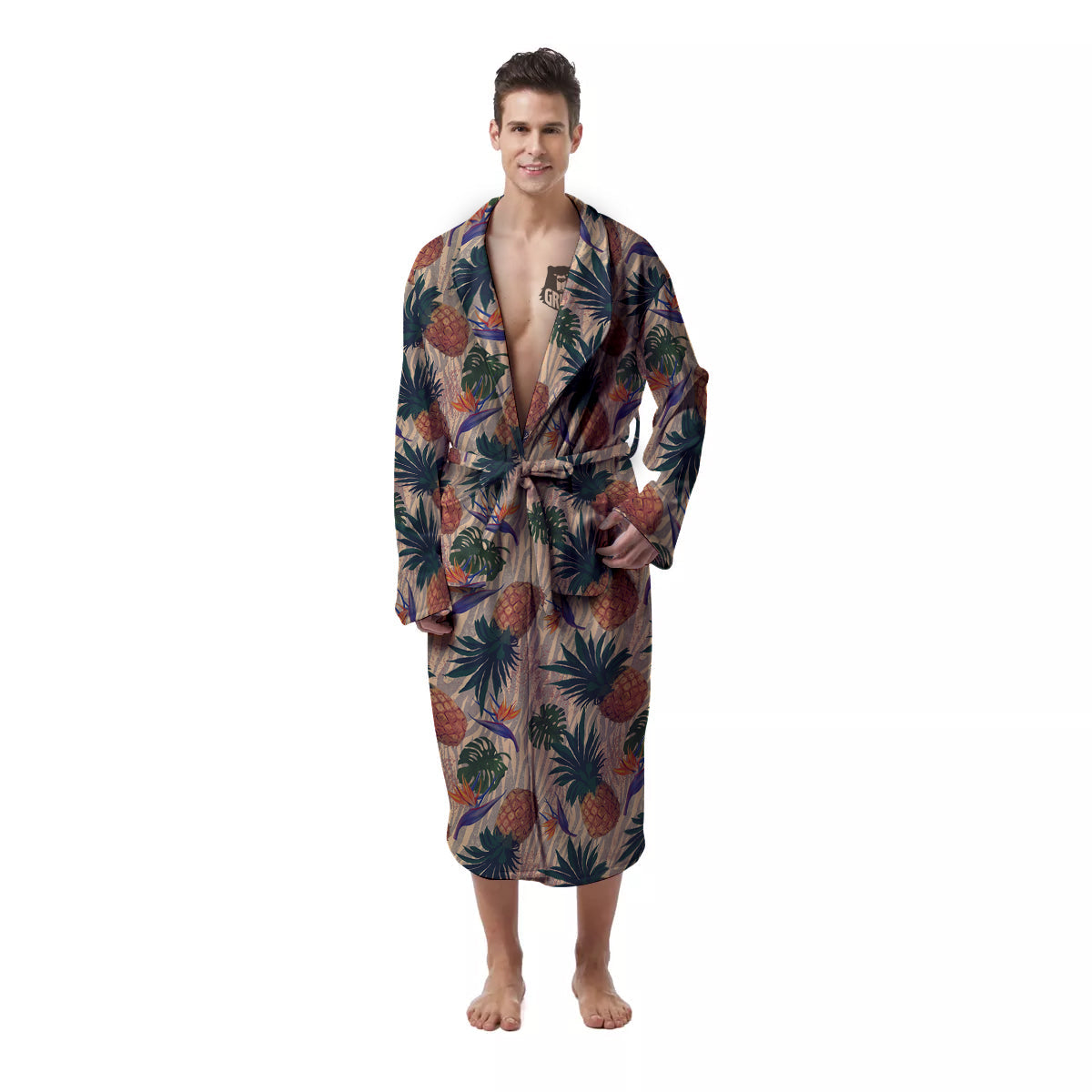 Pineapple Zebra Beige Print Pattern Men's Robe-grizzshop